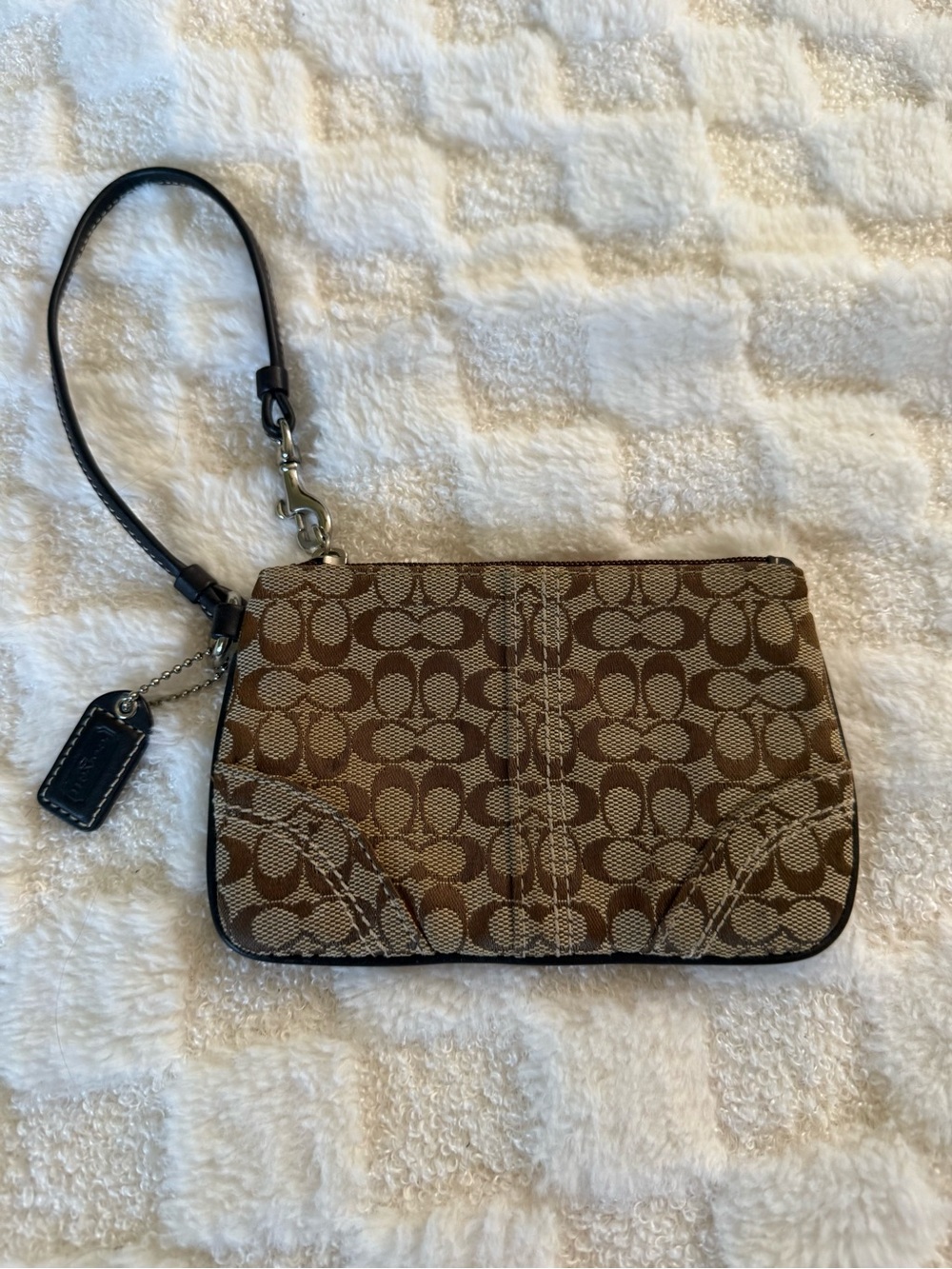Coach Brown Signature Jacquard Wristlet with Black Strap